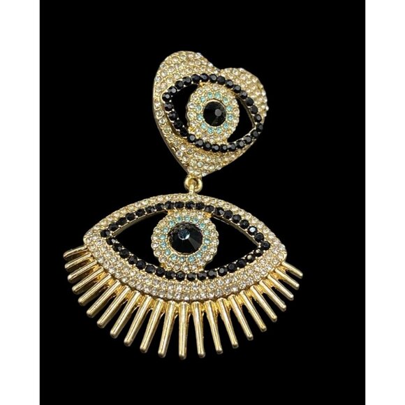 C&C California Evil Eye Heart Dangling Rhinestone Stud Gold Tone Earrings - Picture 3 of 5